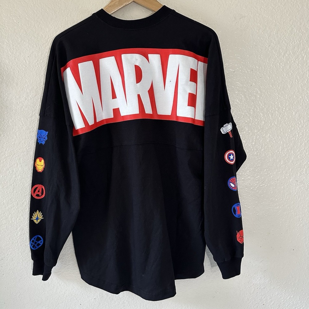 Disney Marvel Spirit Jersey Avengers Logos Long Sleeve Black Shirt Adult Small